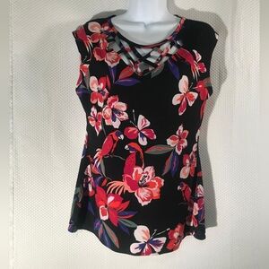 Black Tropical Floral Bird Print Criss-Cross Neck Sleeveless Top Size S